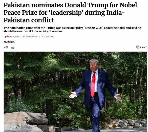 Пакистан хочет вручить Трампу Нобелевскую премию мира за «предотвращение войны с Индией» | Русская весна