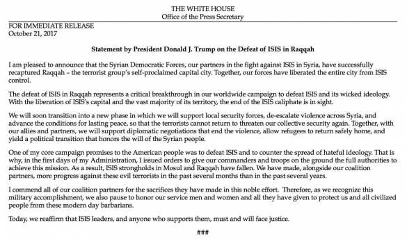 Трамп заявил об освобождении Ракки (ДОКУМЕНТ) | Русская весна