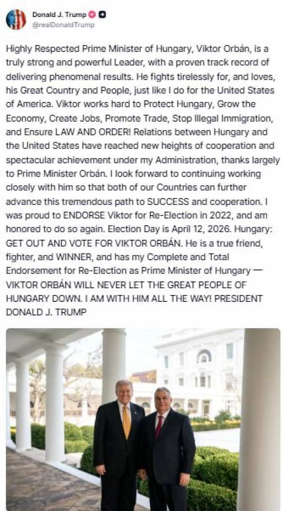 «Абсолютная поддержка»: Трамп призвал венгров голосовать за партию Орбана, чтобы он оставался премьером | Русская весна